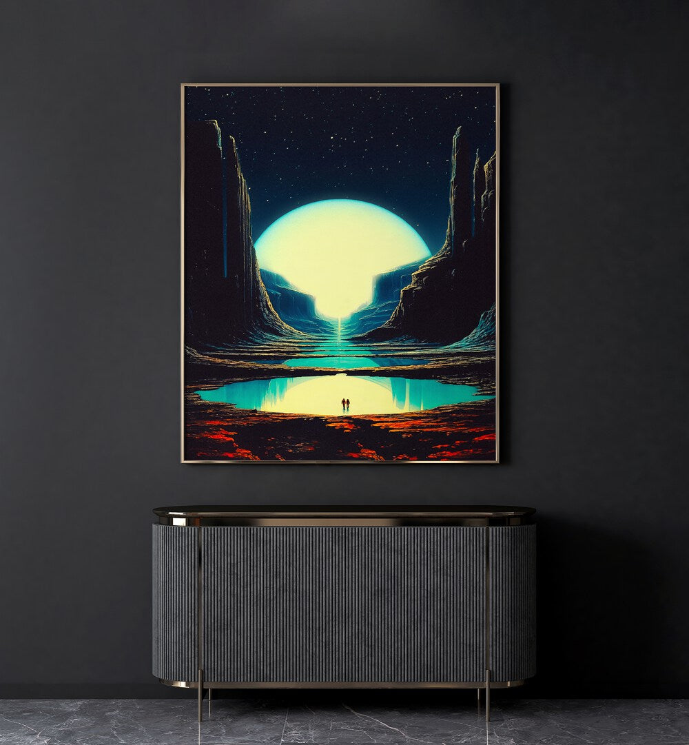 Never Lost With You Surreal Paintings Surreal Art Prints in Gold Plain Frame placed on a Dark Grey Colored Wall above a Console Table in the Living Room