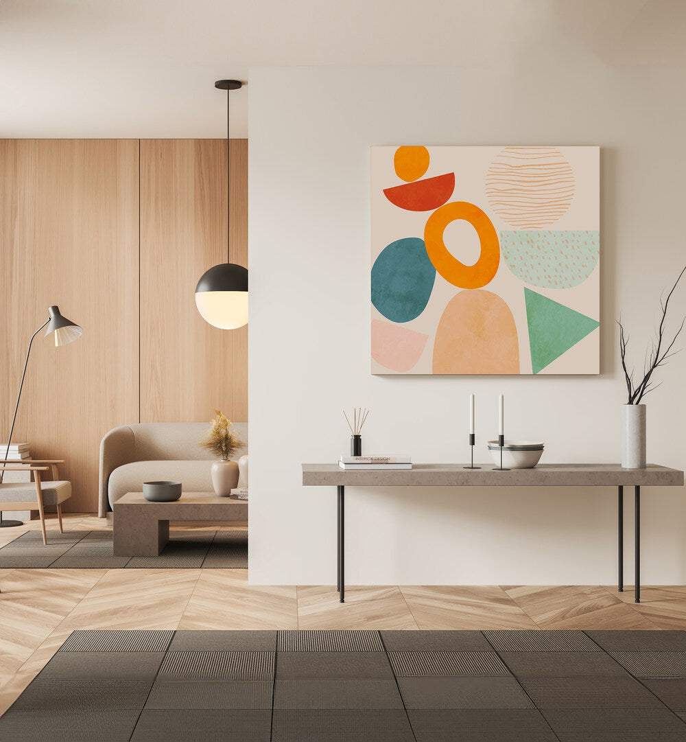 New Shapes Play II By Ana Rut Bre Abstract Art Abstract Paintings in Gallery Wrap placed on a Cream Colored Wall above a Console Table in the Drawing Room 