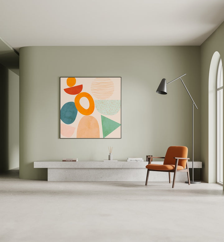 New Shapes Play II By Ana Rut Bre Abstract Art Abstract Paintings in Black Plain Frame placed on a Light Green Colored Wall in the Drawing Room