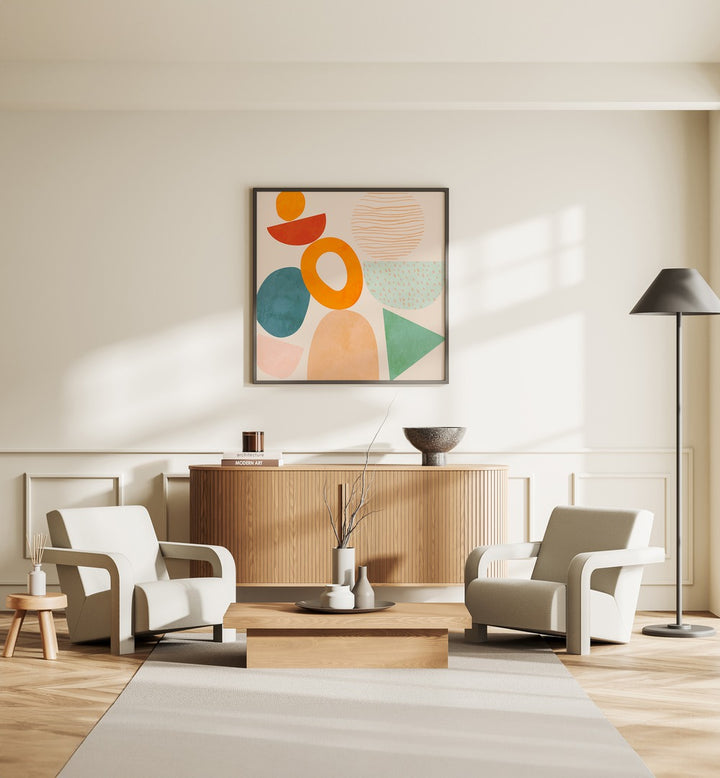 New Shapes Play II By Ana Rut Bre Abstract Art Abstract Paintings in Black Plain Frame placed on a Cream Colored Wall above a Console Table in the Drawing Room