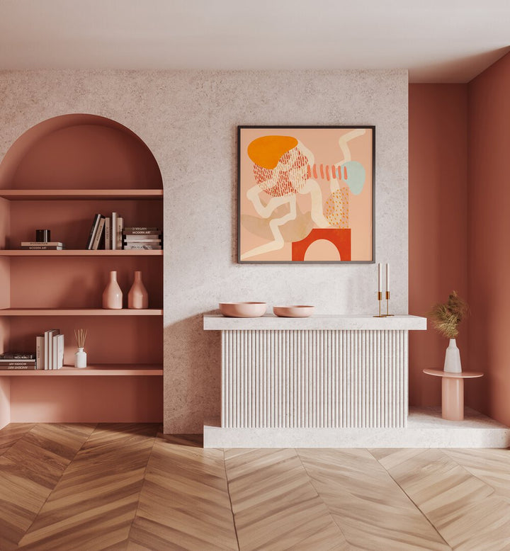 New Shapes Play III By Ana Rut Bre Abstract Art Abstract Paintings in Black Plain Frame placed on a Pink Colored Wall above a Console Table in the Drawing Room