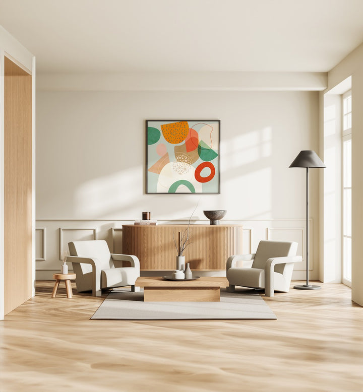 New Shapes Play IV By Ana Rut Bre Abstract Art Abstract Paintings in Black Plain Frame placed on a Cream Colored Wall above a Console Table in the Drawing Room