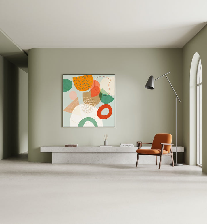 New Shapes Play IV By Ana Rut Bre Abstract Art Abstract Paintings in Black Plain Frame placed on a Light Green Colored Wall in the Drawing Room