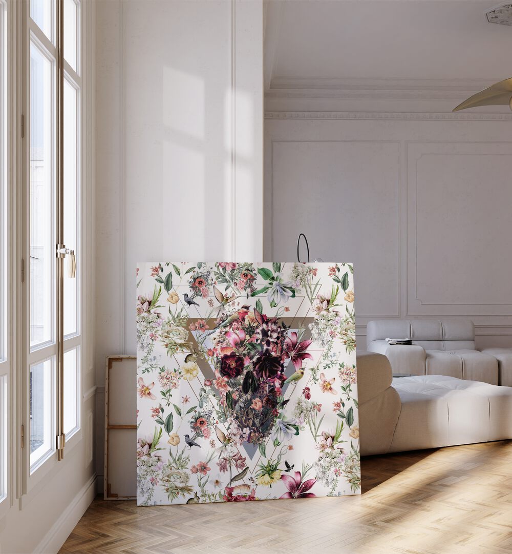 New Skull Light Botanical Art Prints Floral Paintings in Gallery Wrap placed on a floor beside a door