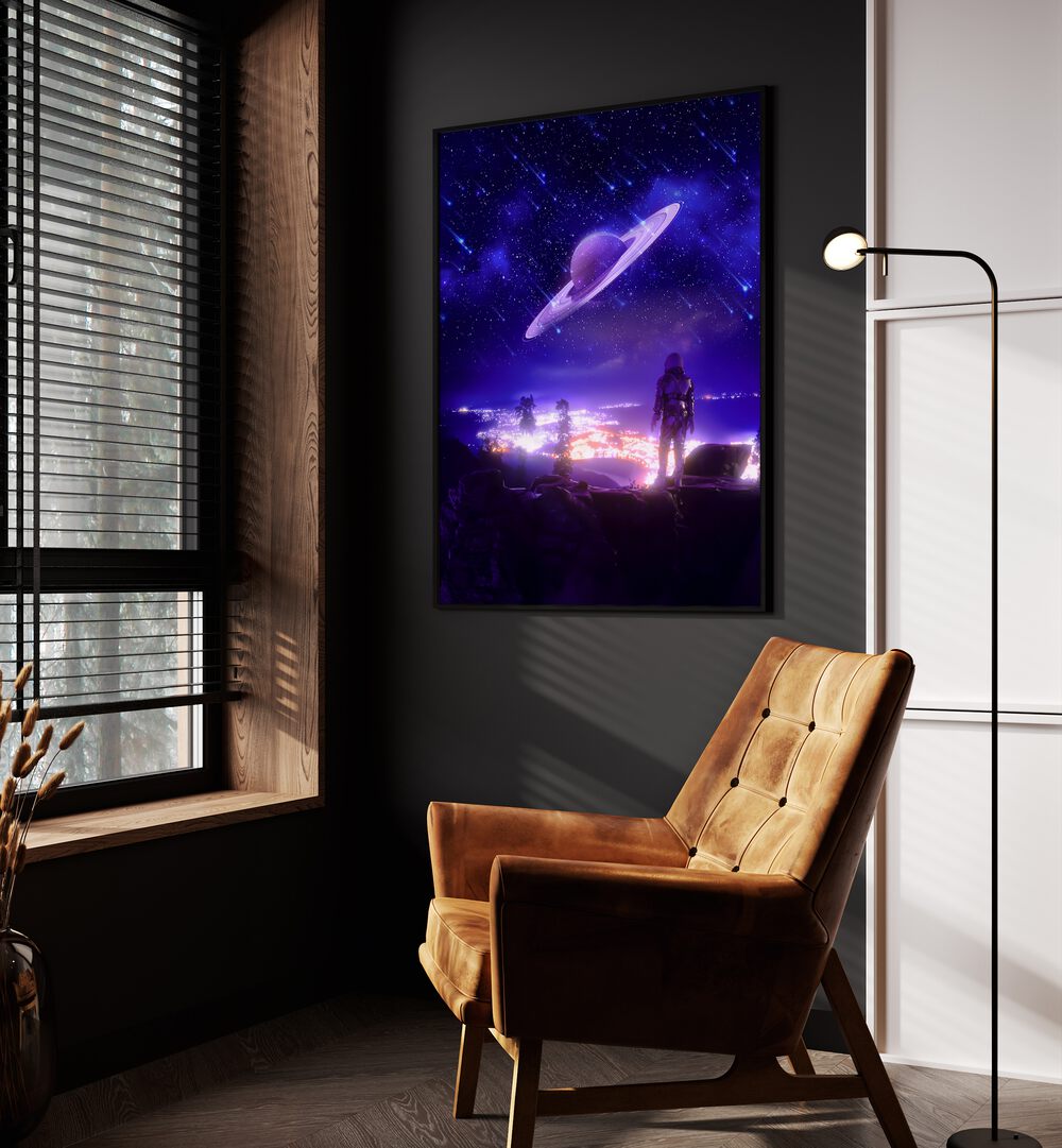 New Territory By Ritvik Takkar Surreal Art Prints in Black Plain Frame placed on a Dark Grey Colored Wall in the Drawing Room