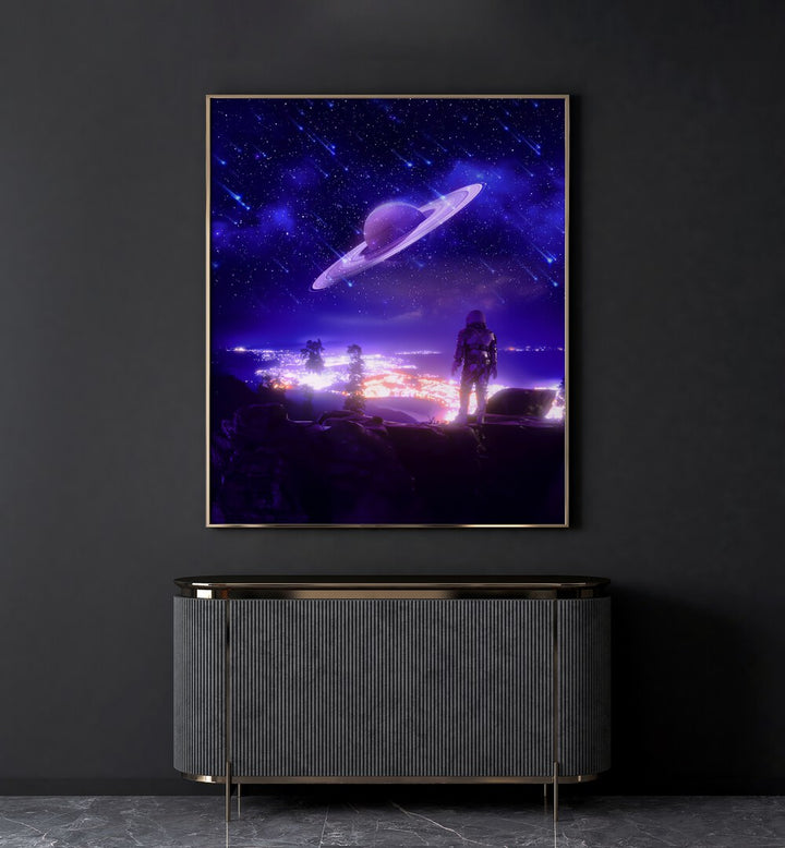 New Territory By Ritvik Takkar Surreal Art Prints in Gold Plain Frame placed on a Dark Grey Colored Wall above a Console Table in the Drawing Room