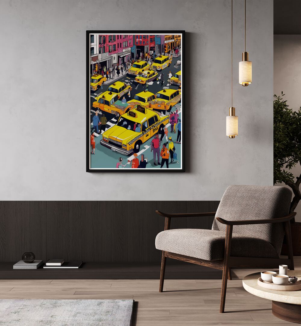 New York Minute By Uma Gokhale Travel Art Prints in Black Plain Frame on a grey wall beside a sofa