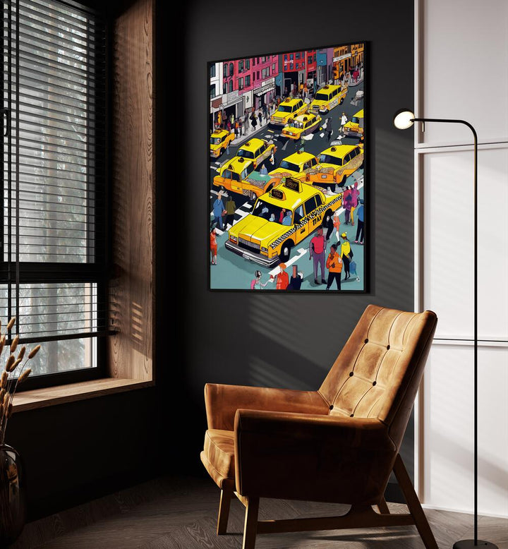 New York Minute By Uma Gokhale Travel Art Prints in Black Plain Frame on a wall beside a window