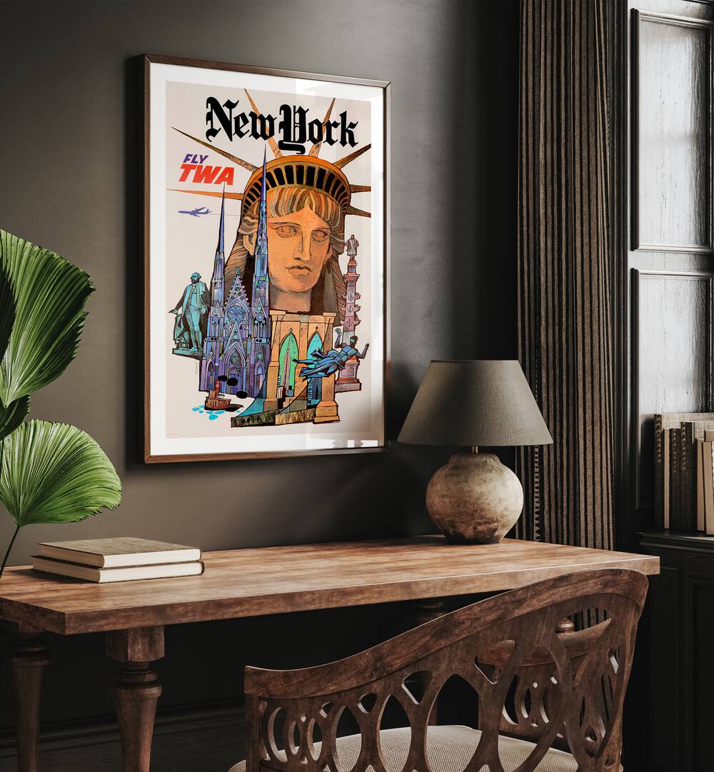 Newyork-Retro  Travel Posters in Oak Wood Frame With Mount placed on a wall behind a study table