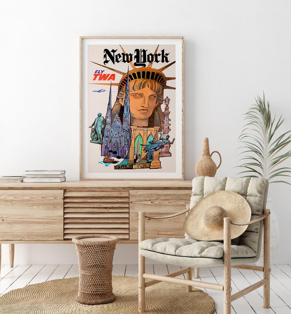 Newyork-Retro  Travel Posters in Oak Wood Frame With Mount placed on a console table behind a chair