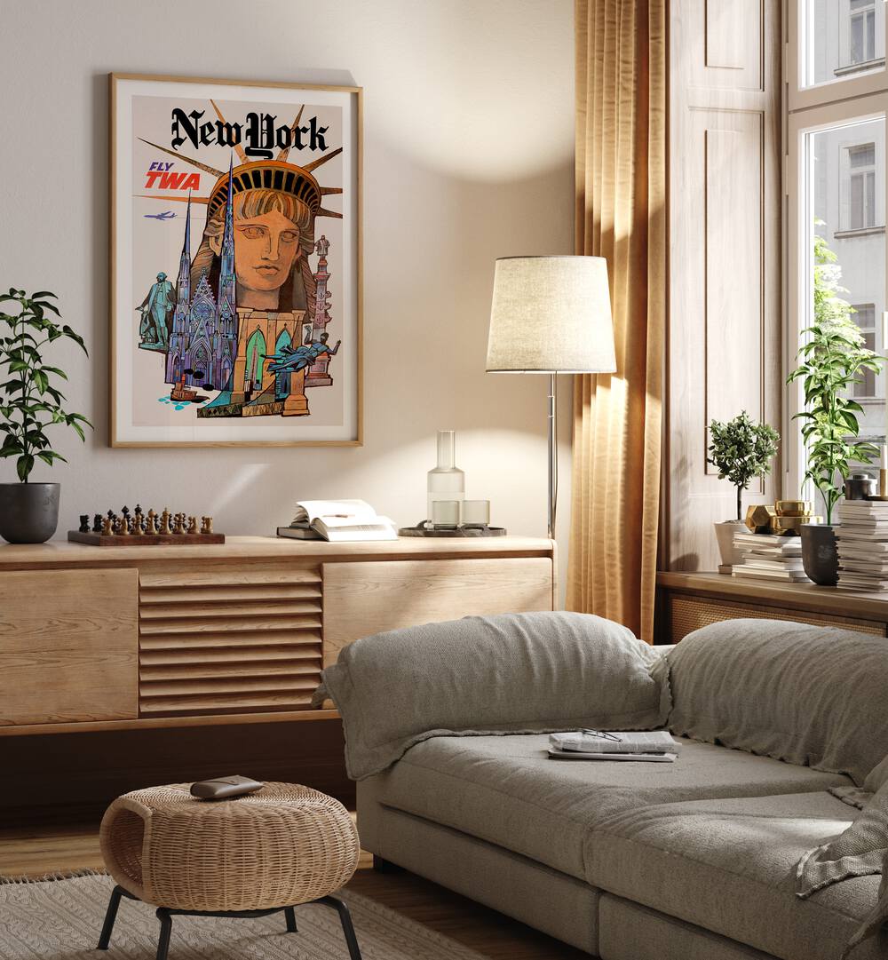 Newyork-Retro  Travel Posters in Oak Wood Frame With Mount placed on a wall behind a console table