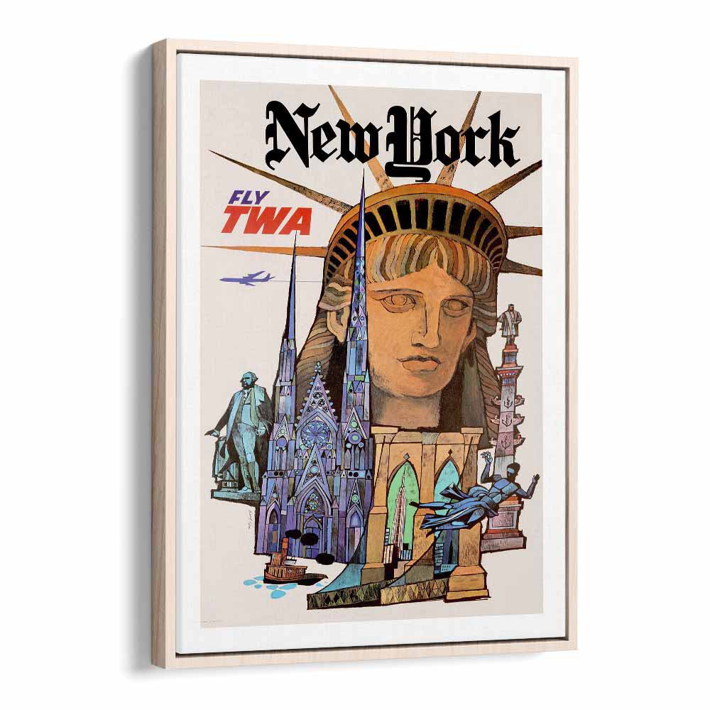 Newyork-Retro  Travel Posters in Oak Wood Floater Frame