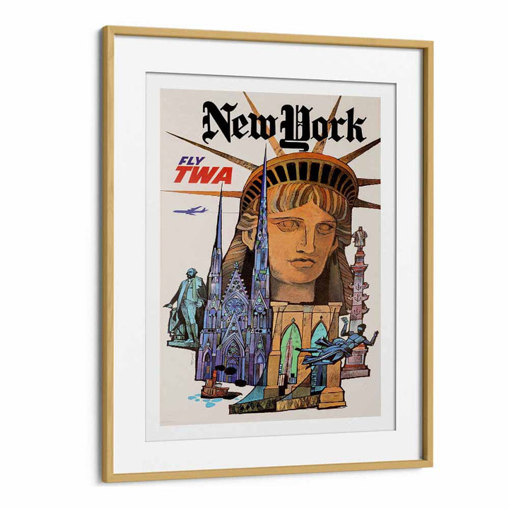 Newyork-Retro  Travel Posters in Oak Wood Frame With Mount