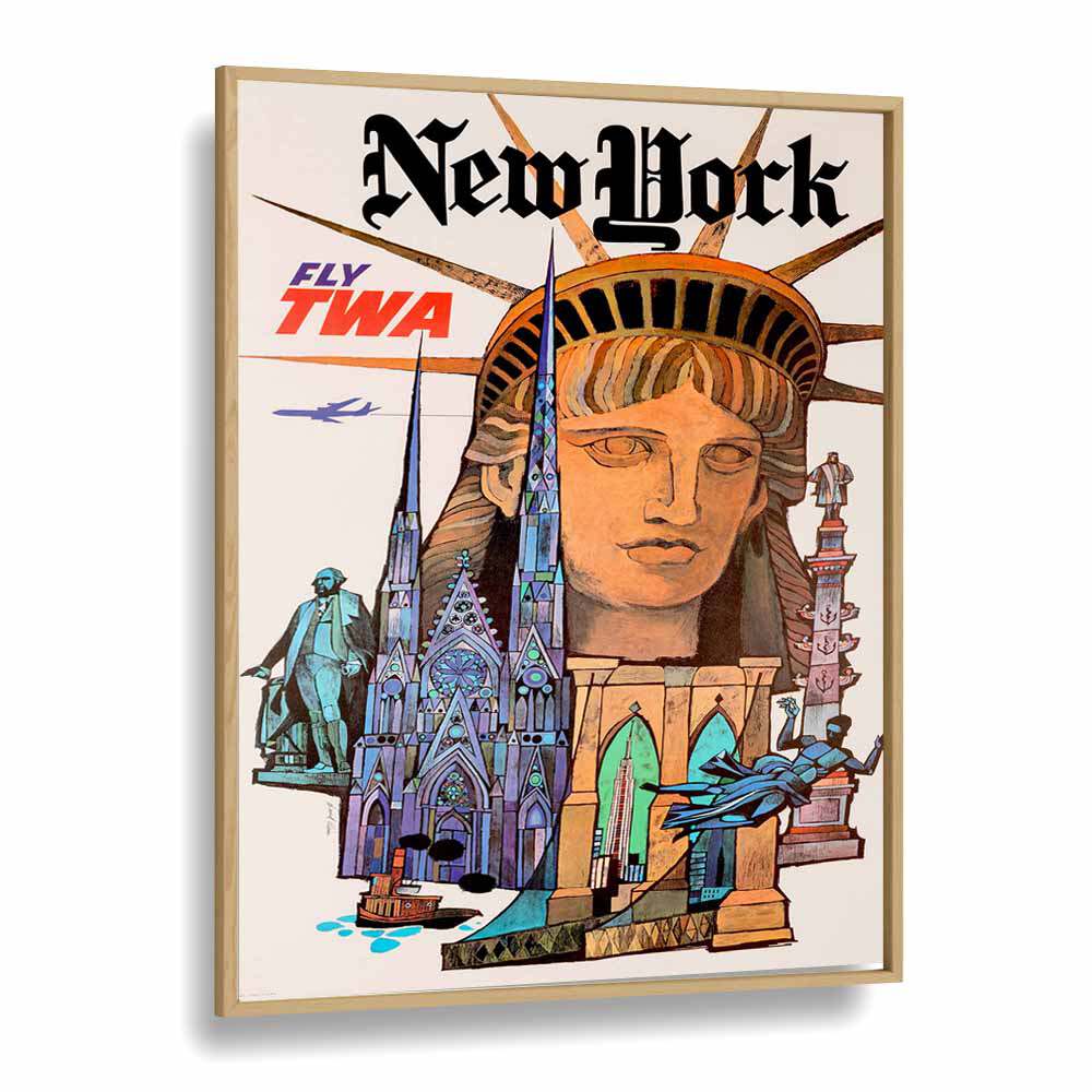 Newyork-Retro  Travel Posters in Oak Wood Plain Frame