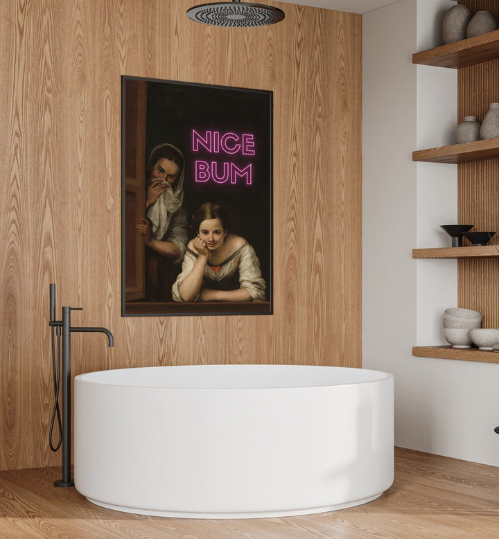 Nice Bum  Altered Art Prints in Black Plain Frame placed on a wall  behind a white bathtub for bathroom