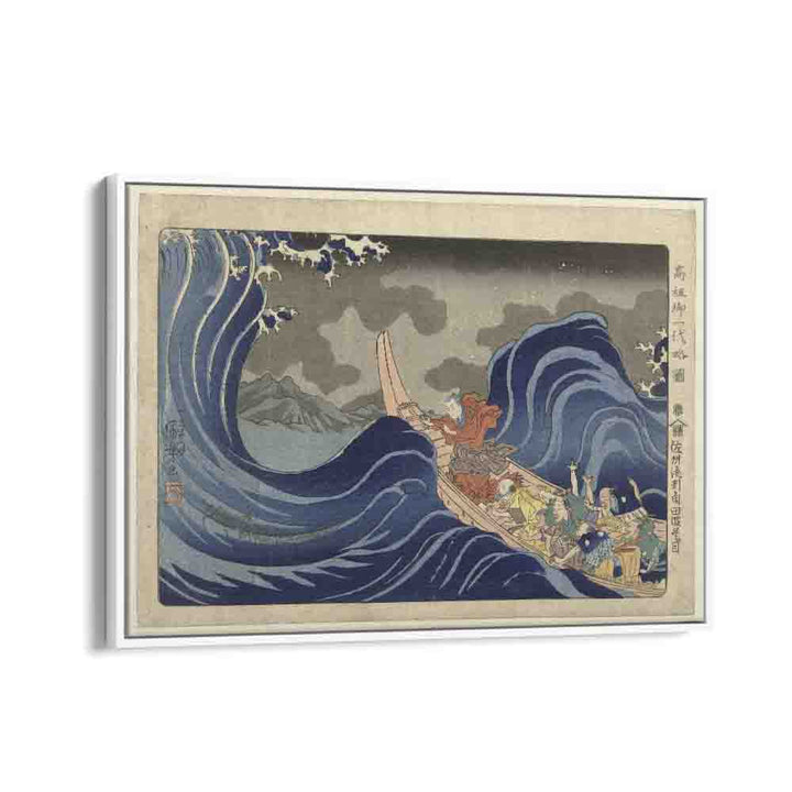 Nichiren Bezweert De Golven Bij Kakuda Tijdens Zijn Verbanning Naar Sado Utagawa Kuniyoshi 1833–1837 By Utagawa Kuniyoshi Japanese Paintings in White Floater Frame