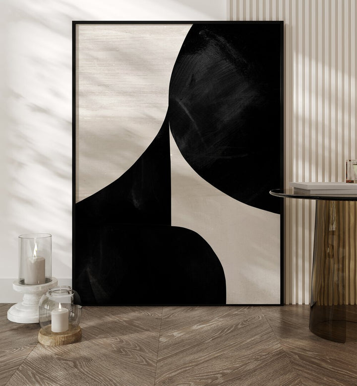 Night By Dan Hobday Abstract Art Abstract Paintings in Black Plain Frame placed on the floor near a Cream Colored Wall in the Drawing Room