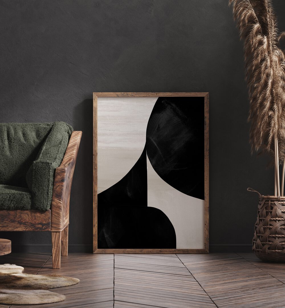 Night By Dan Hobday Abstract Art Abstract Paintings in Oak Wood Plain Frame placed on the floor near a Dark Grey Colored Wall in the Living Room