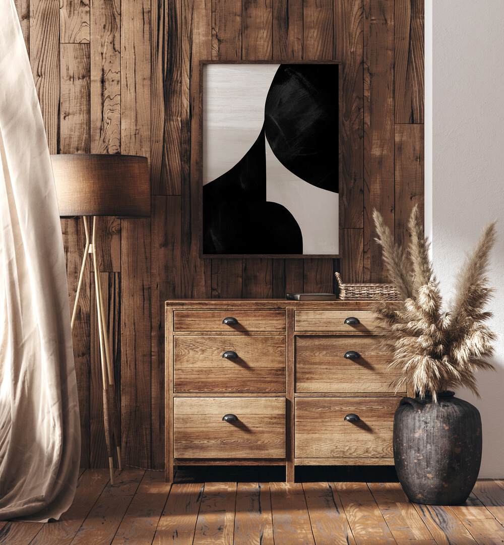 Night By Dan Hobday Abstract Art Abstract Paintings in Dark Wood Plain Frame Placed on a Wooden Textured Wall above a Console Table in the Drawing Room 