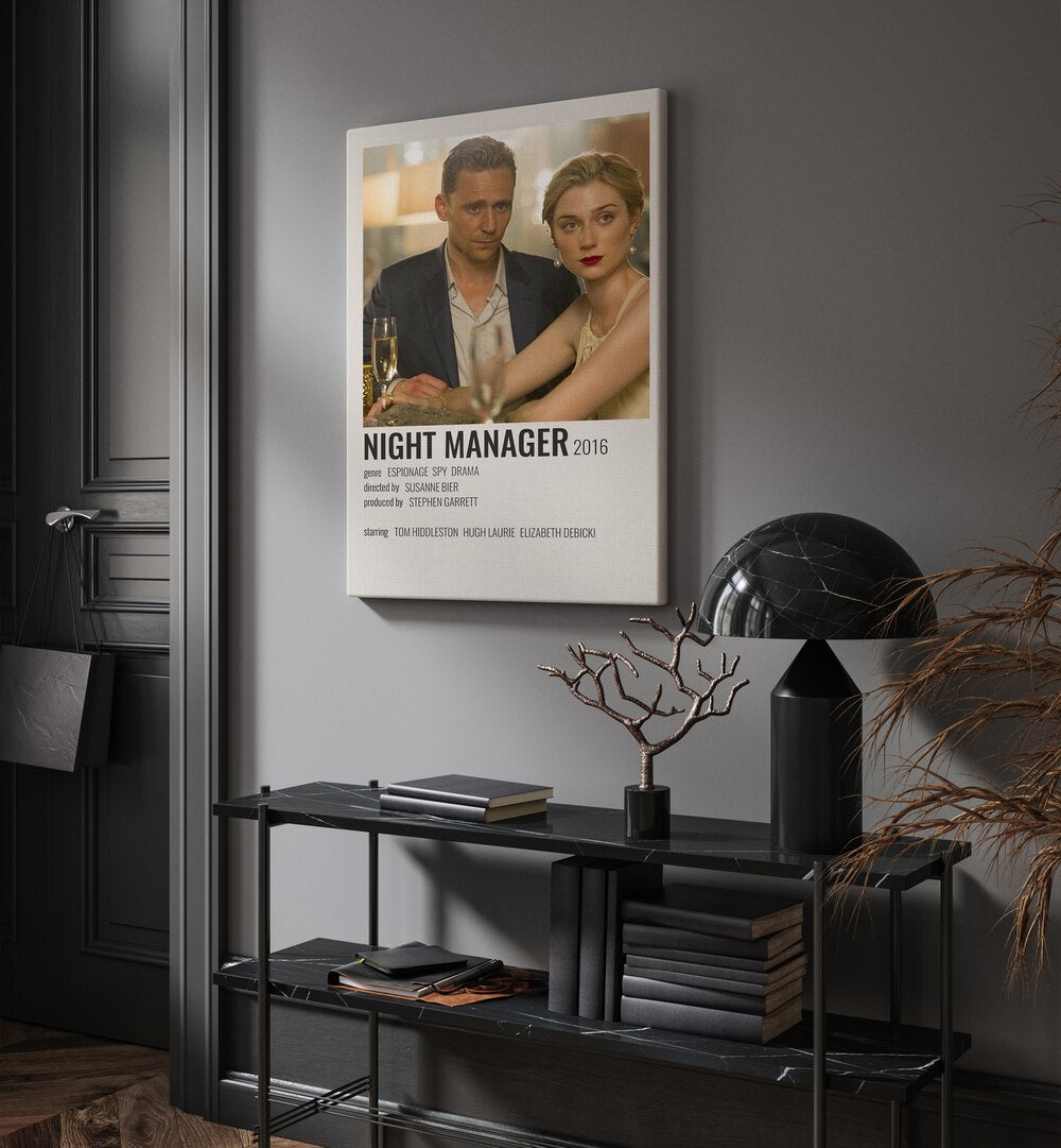 Night Manager 2016 Movie Posters in Gallery Wrap hanging on wall above console table beside door and window