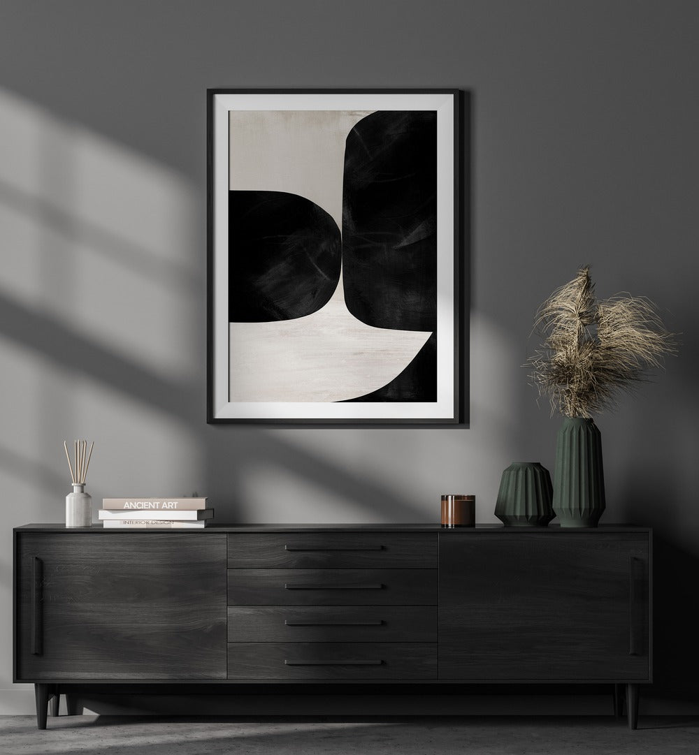 Night No II By Dan Hobday Abstract Art Abstract Paintings in Black Frame With Mount placed on a Dark Grey Colored Wall above a Console Table in the Drawing Room