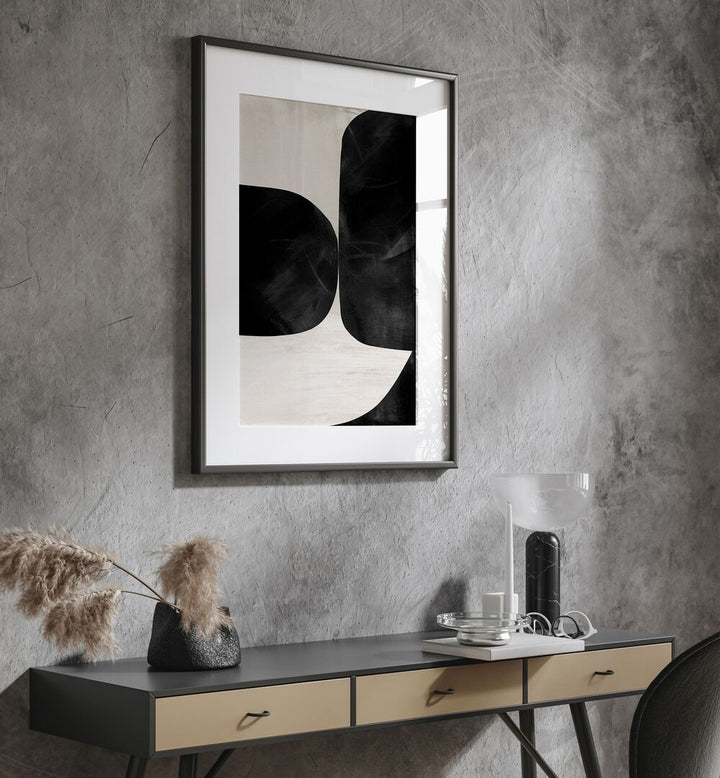 Night No II By Dan Hobday Abstract Art Abstract Paintings in Black Frame With Mount placed on a Grey Colored Wall above a Console Table in the Drawing Room