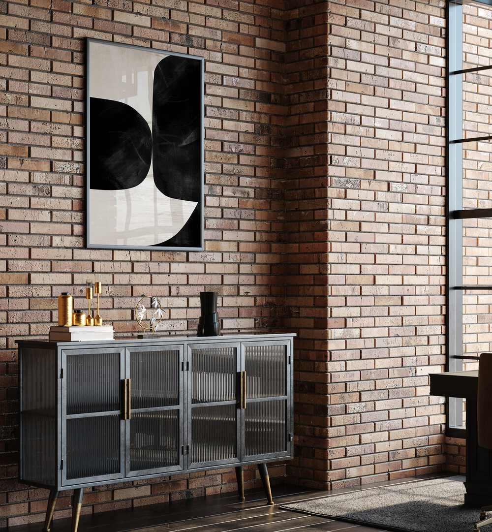 Night No II By Dan Hobday Abstract Art Abstract Paintings in Black Plain Frame placed on a brick textured wall above a console table in an office work space