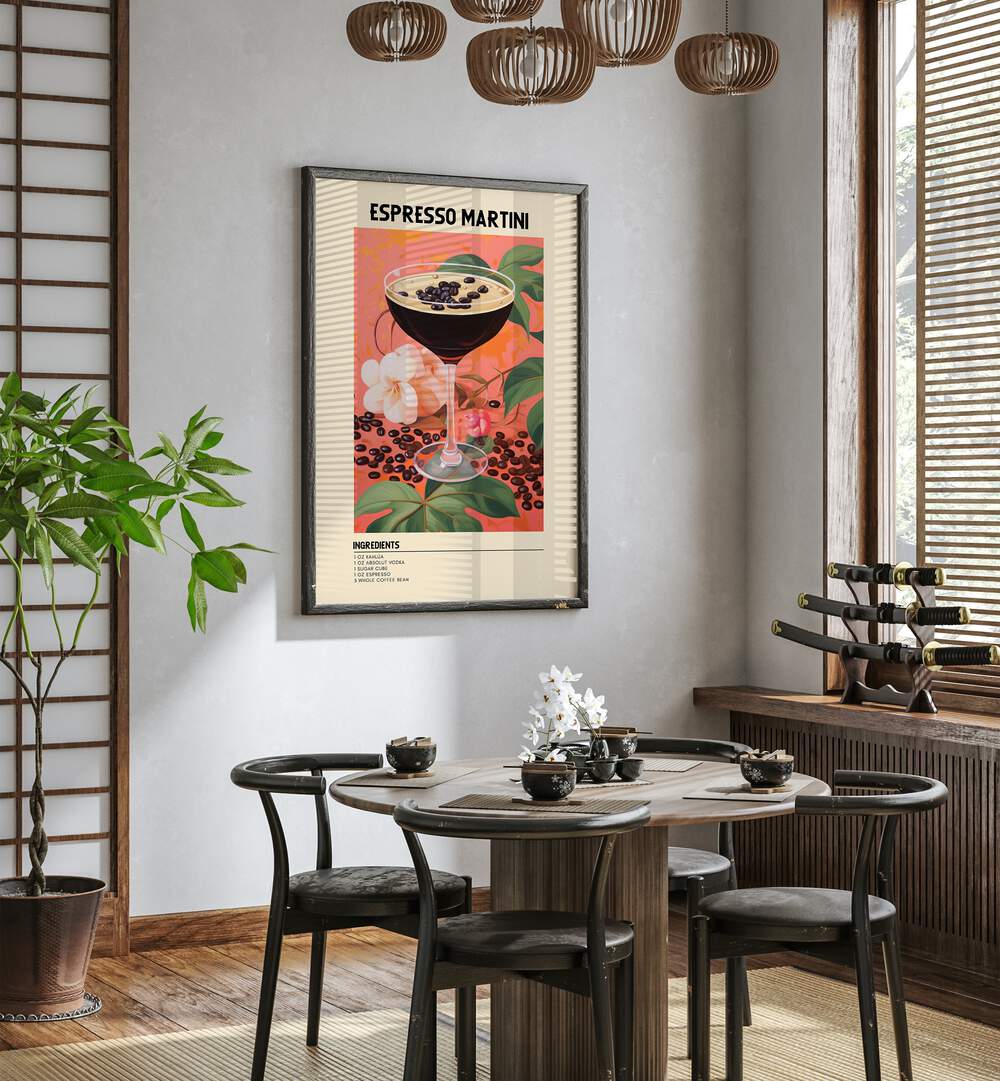 Night Time Elegance Espresso Martini Cafe Art Prints Cafe Posters in Black Plain Frame placed on a wall in a dining room area beside a window and behind a dining table