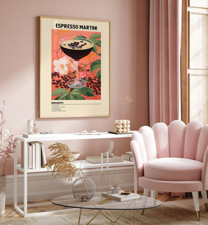 Night Time Elegance Espresso Martini Cafe Art Prints Cafe Posters in Oak Wood Plain Frame placed on a wall behind a table