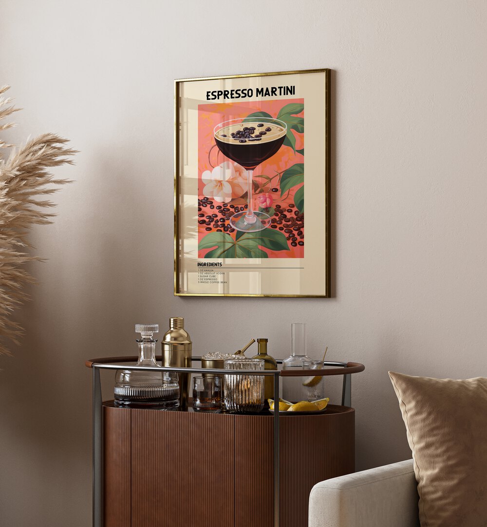 Night Time Elegance Espresso Martini Cafe Art Prints Cafe Posters in Gold Plain Frame placed on a wall behind a table