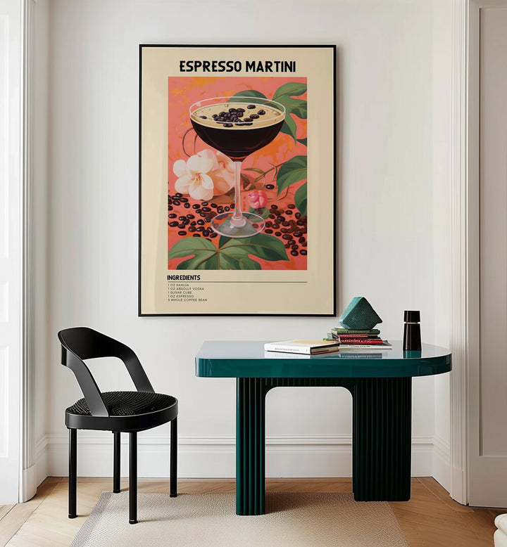 Night Time Elegance Espresso Martini Cafe Art Prints Cafe Posters in Black Plain Frame placed on a wall behind a study table