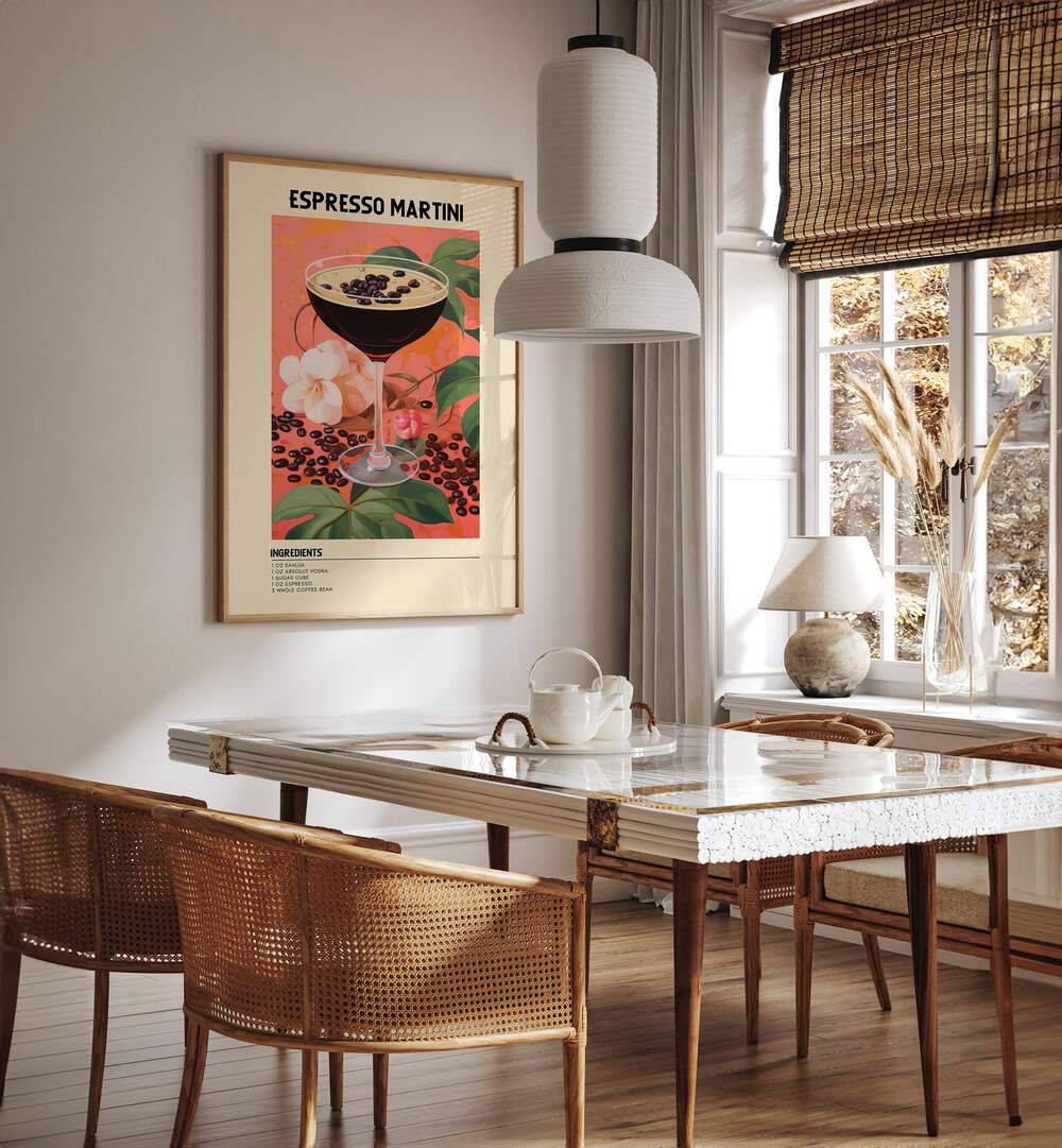 Night Time Elegance Espresso Martini Cafe Art Prints Cafe Posters in Oak Wood Plain Frame placed on a wall in a dining room area beside a window and behind a dining table