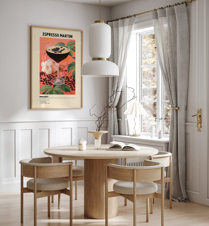 Night Time Elegance Espresso Martini Cafe Art Prints Cafe Posters in Oak Wood Plain Frame placed on a wall in a dining room area beside a window and behind a dining table