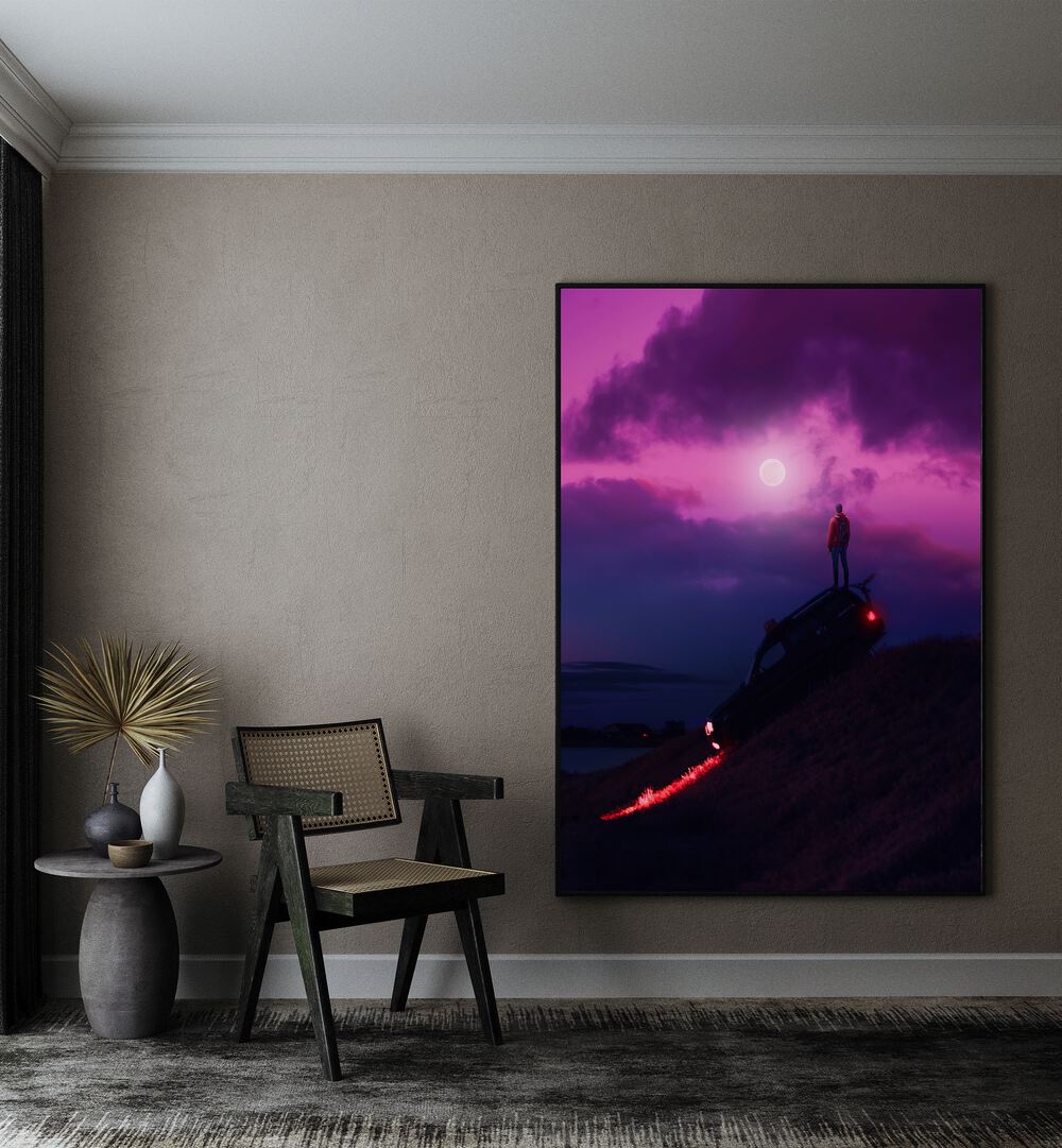 Nightcall By Ritvik Takkar Surreal Art Prints in Black Plain Frame placed on a Beige Colored Wall in the Drawing Room