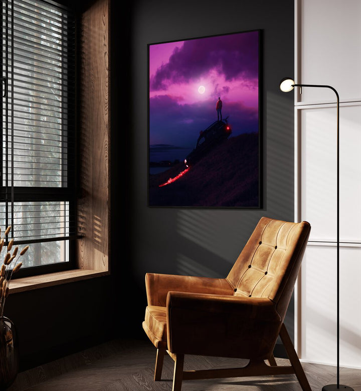 Nightcall By Ritvik Takkar Surreal Art Prints in Black Plain Frame placed on a Dark Grey Colored Wall in the Drawing Room