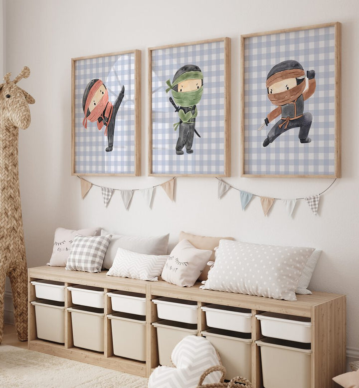 Ninja Set Of 3 Paintings in Oak Wood Plain Frame placed on a wall behind a console table in a kids room