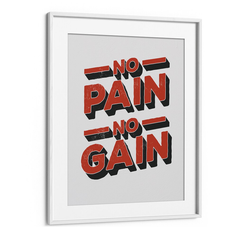 No Pain No Gain Quotes and Typography Posters in White Frame With Mount