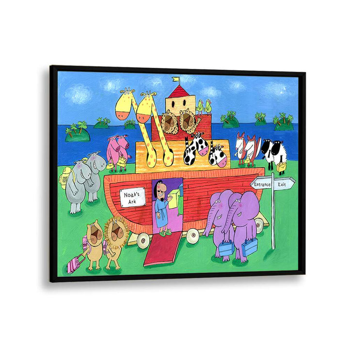 Noahs Ark With Animals By Carla Daly Kids Painting in Black Plain Frame