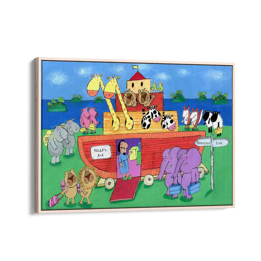 Noahs Ark With Animals By Carla Daly Kids Painting in Oak Wood Floater Frame