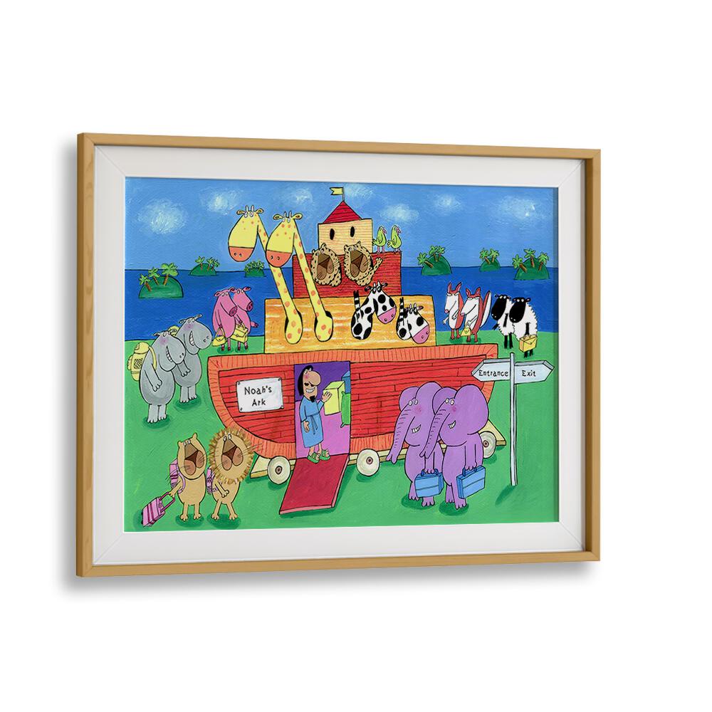 Noahs Ark With Animals By Carla Daly Kids Painting in Oak Wood Frame With Mount