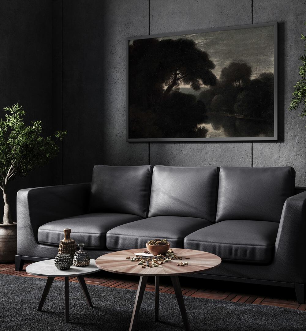 Nocturnal Elegance Veiled In Gothic Splendor Gothic Art Prints in Black Plain Frame hanging on a wall above black leather couch beside a plant.