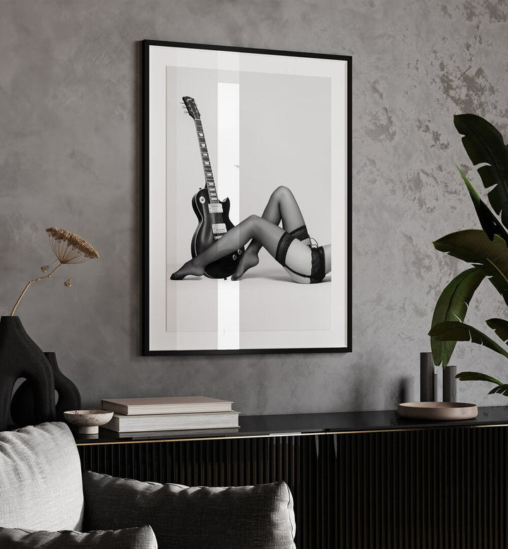 Noir The Future by David Drake Fine Art Photography Fashion Photography in Black Frame With Mount placed on the wall behind a console table