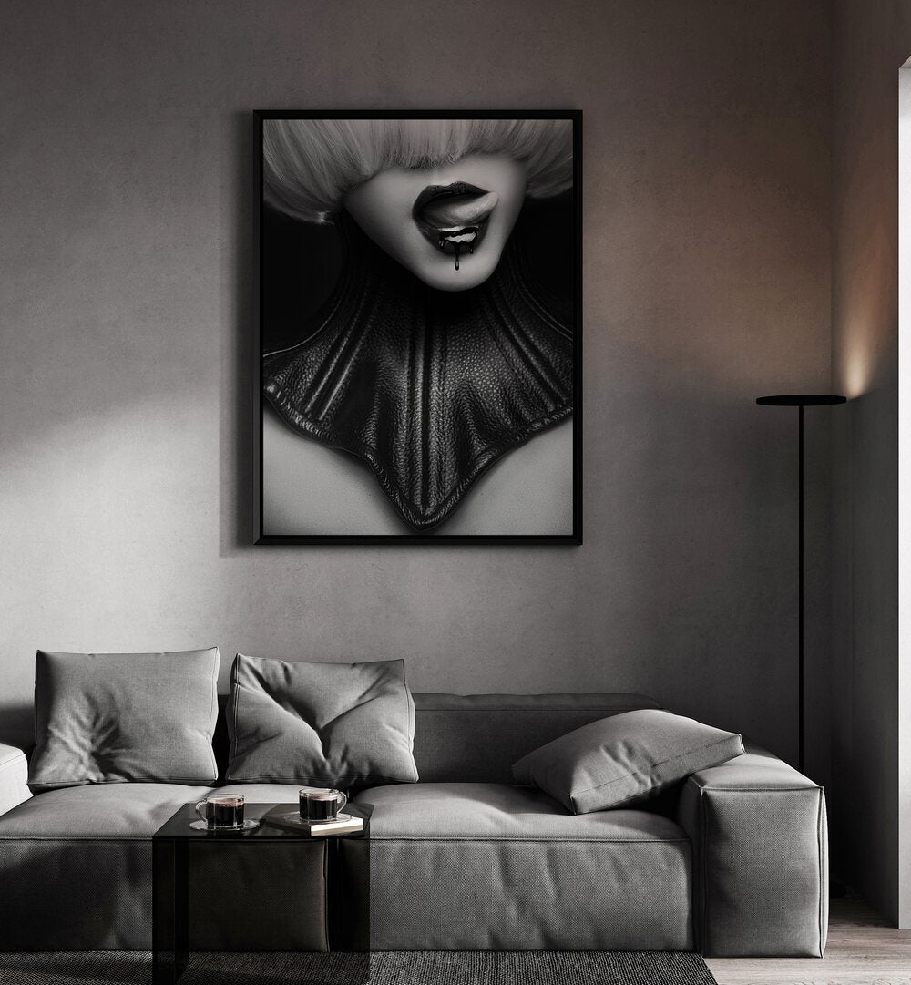 Noir the Future ii by David Drake Fine Art Photography Fashion Photography in Black Plain Frame placed on a wall behind a grey sofa for living room