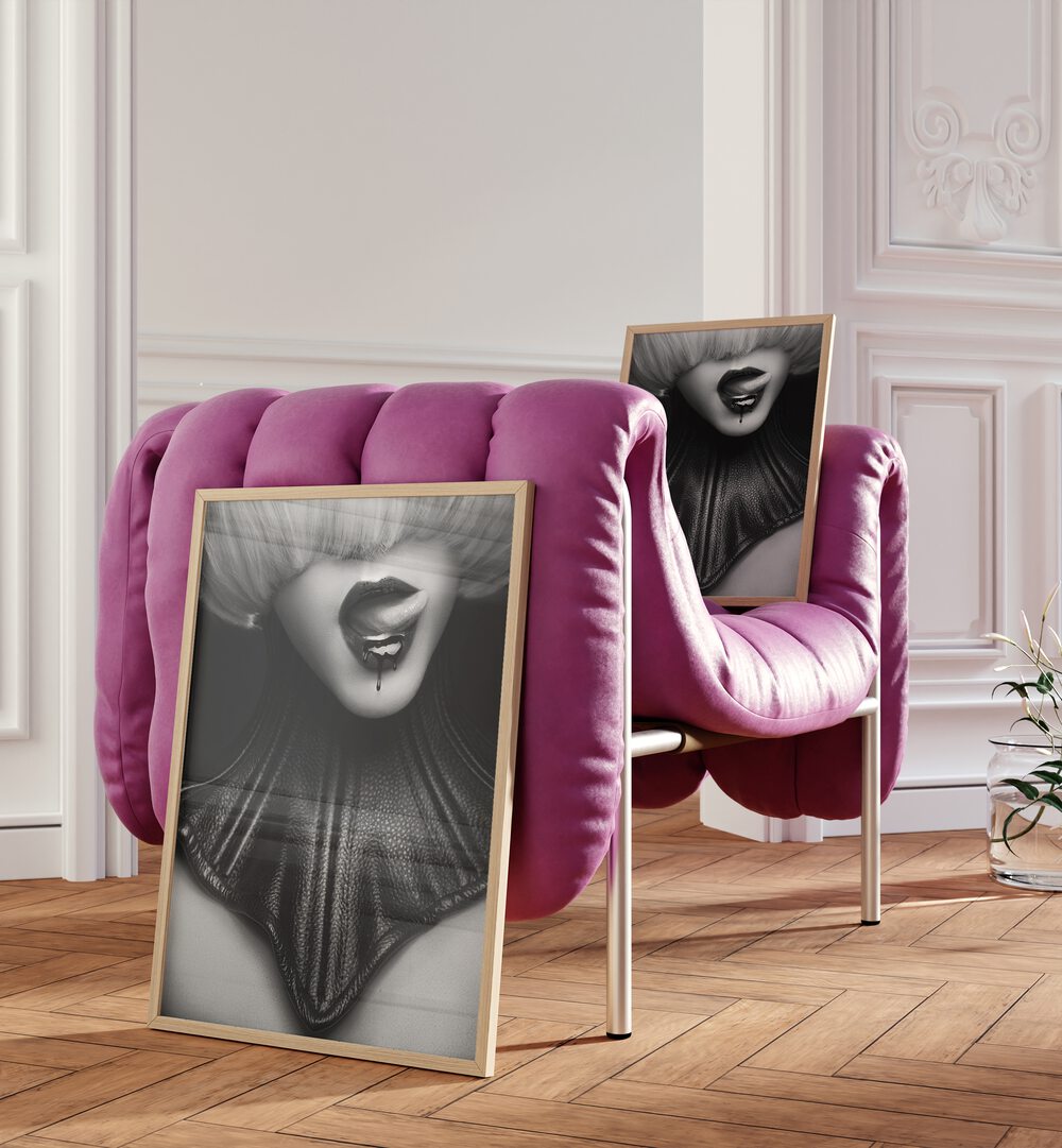 Noir the Future ii by David Drake Fine Art Photography Fashion Photography in Oak Wood Plain Frame placed on the floor beside a pink sofa and on the sofa