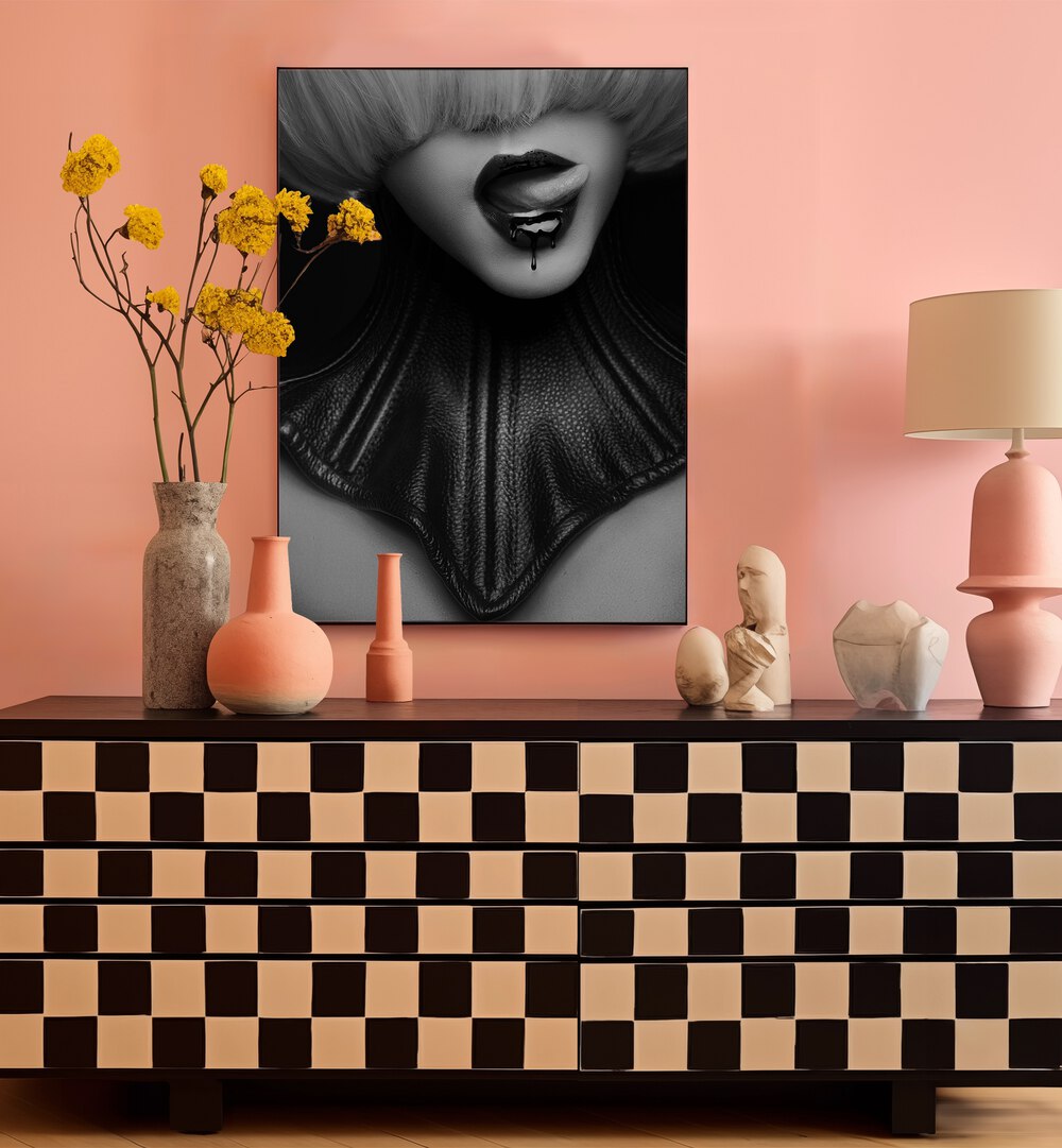 Noir the Future ii by David Drake Fine Art Photography Fashion Photography in Black Plain Frame placed on a wall behind a console table