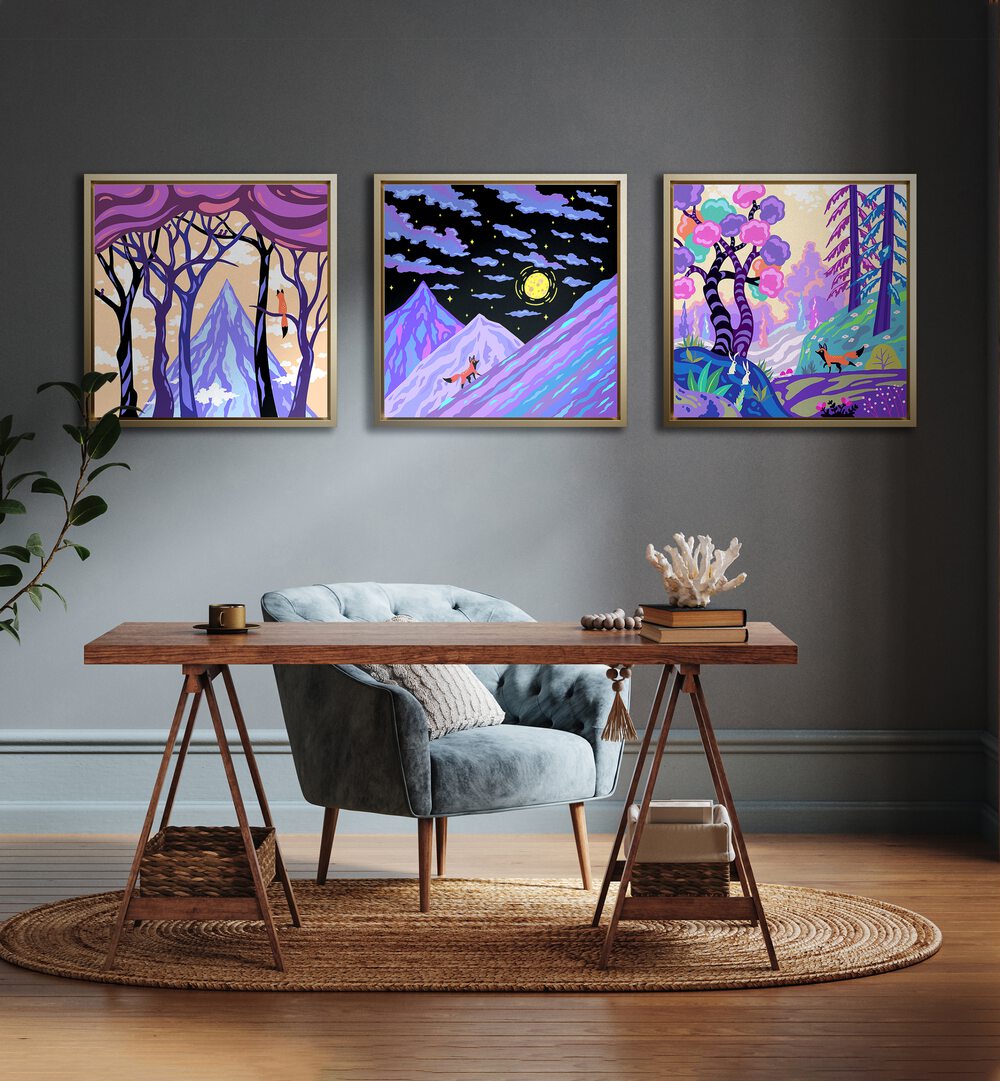 Nomad Fox Set Set Of 3 Paintings in Oak Wood Floater Frame placed on a wall behind a study table