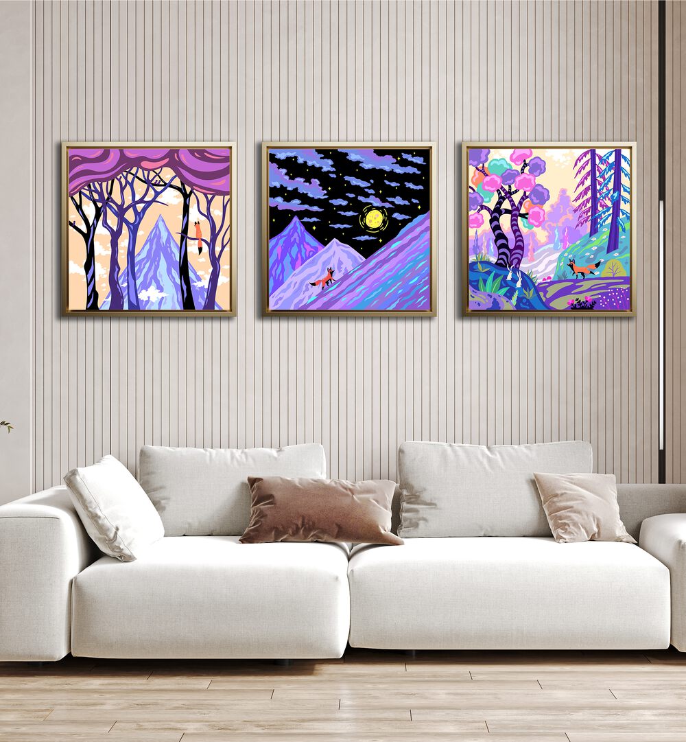 Nomad Fox Set Set Of 3 Paintings in Oak Wood Floater Frame placed on a wall behind a sofa for living room