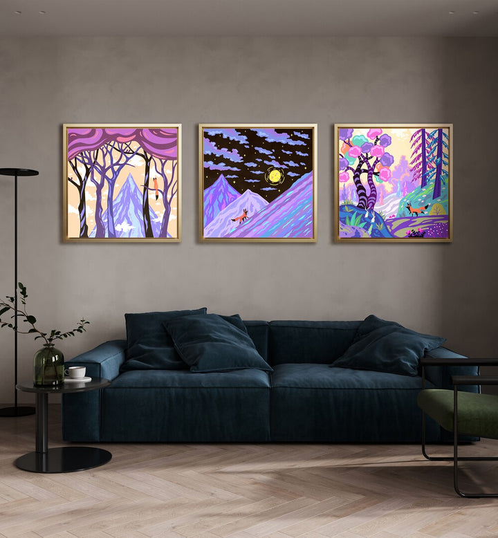 Nomad Fox Set Set Of 3 Paintings in Oak Wood Plain Frame placed on a living room wall behind a sofa for living room