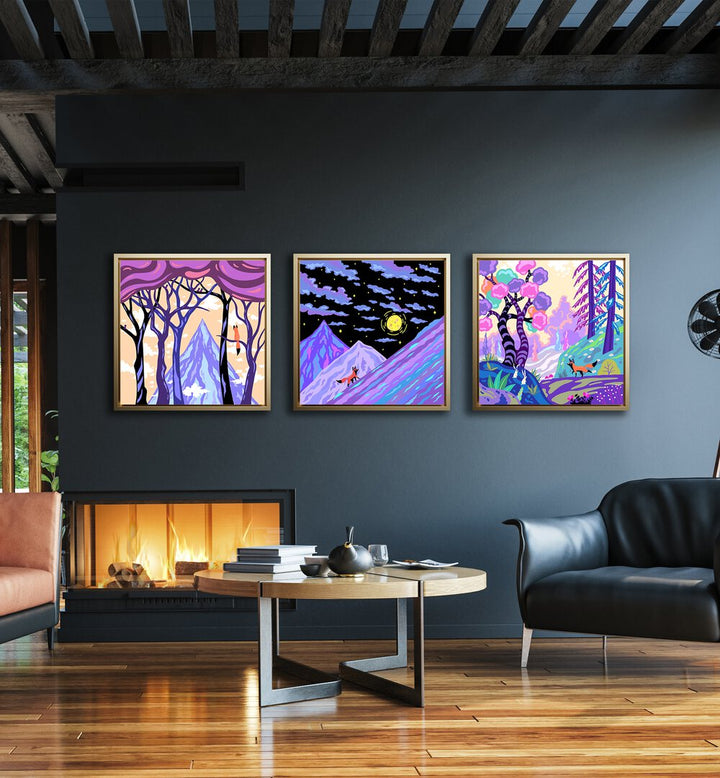 Nomad Fox Set Set Of 3 Paintings in Oak Wood Floater Frame placed on a wall above a hearth and beside a sofa