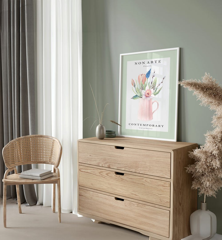 Non Arte Green Flower Vase By Rikke Londager Boisen Botanical Art Prints in White Plain Frame placed on a Console Table   near a Green Colored Wall in the Drawing Room